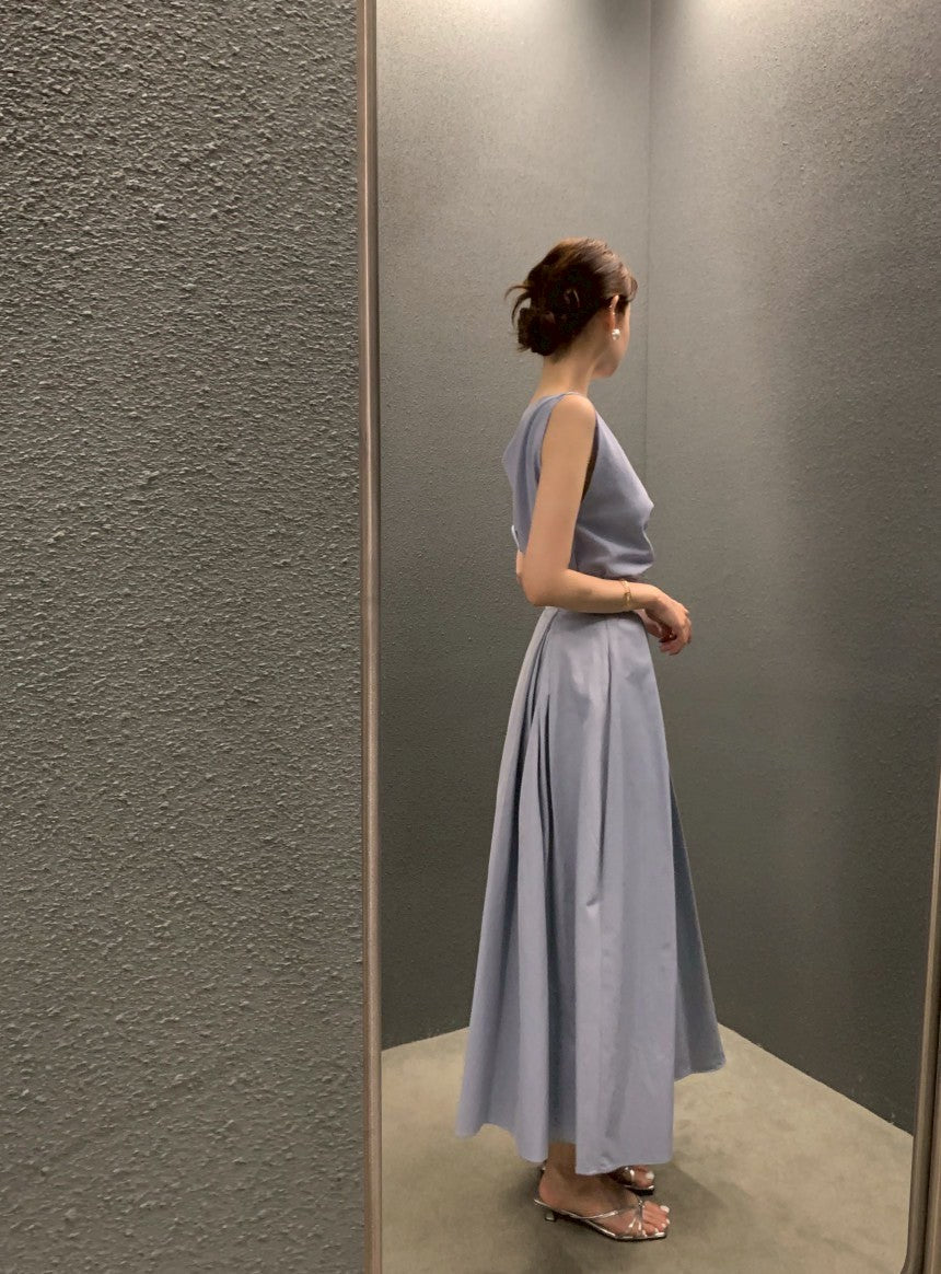 Thu. 溫柔韓chic 兩穿顯瘦背心 高腰A字擺半身裙 藍
