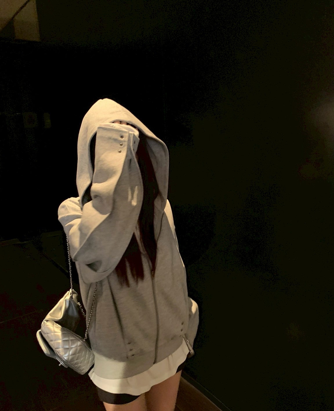 Tue. 倫敦街頭鉚釘連帽純色棉外套 灰
