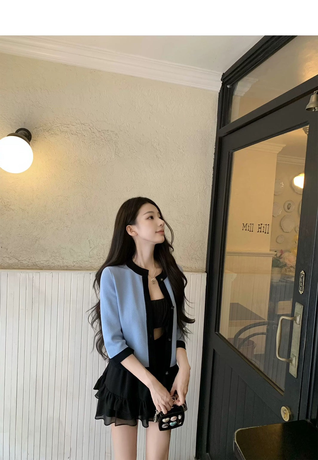 Thu. 屋頂Y*L Rose風長袖雪紡上衣2件組 荷葉半身裙 黑