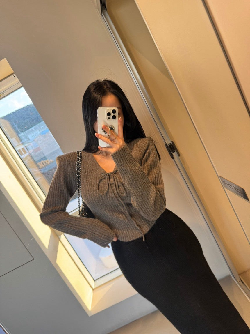 Mon. 高顏值抽繩V領灰色毛衣