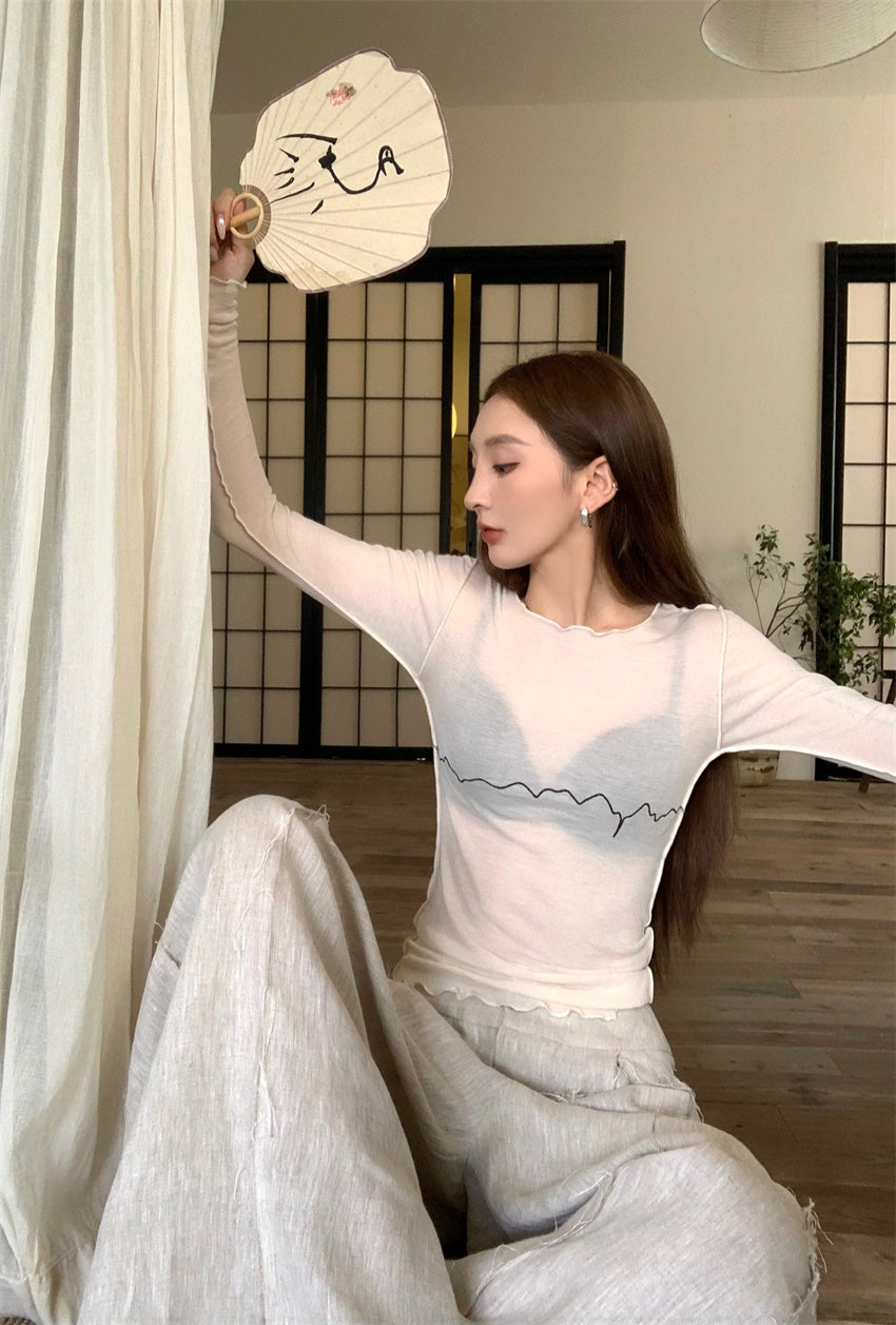 Wed. 線條塗鴉花邊打底衣 休閒褲 米色/黑