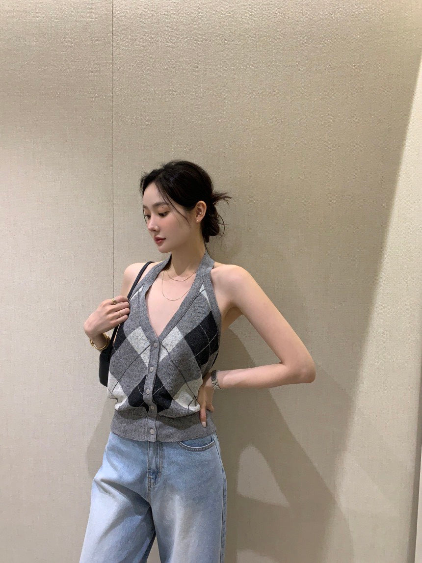 Tue. 復古菱格掛脖針織背心 灰