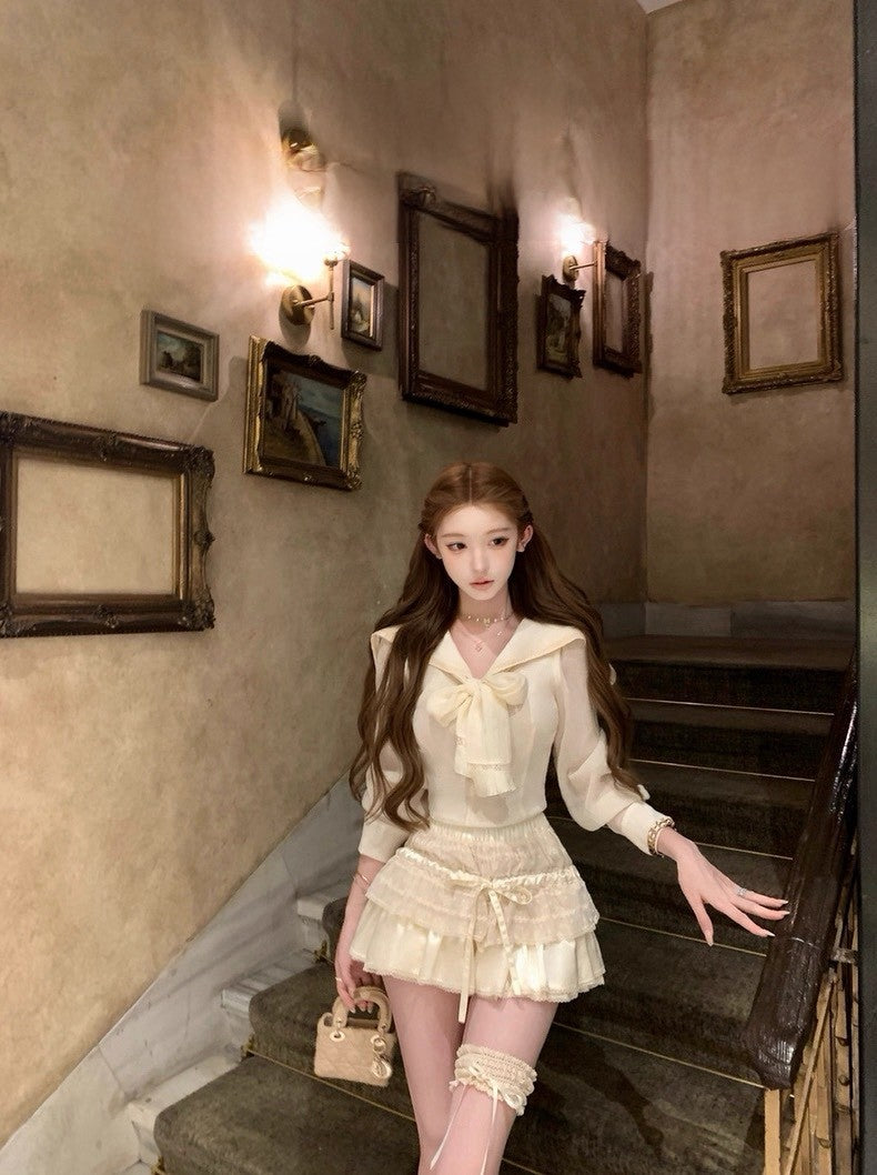 Tue. 卡其圓舞曲手打蝴蝶結翻領襯衫 可愛蛋糕褲裙