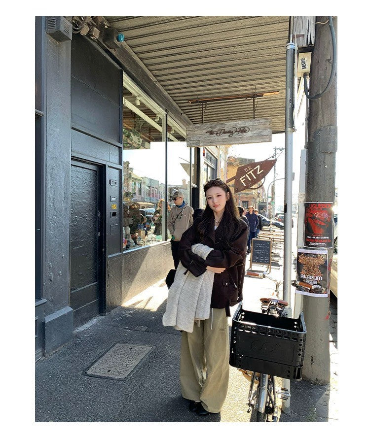 Thu. 博西雅重工時髦休閒皮衣夾克 棕