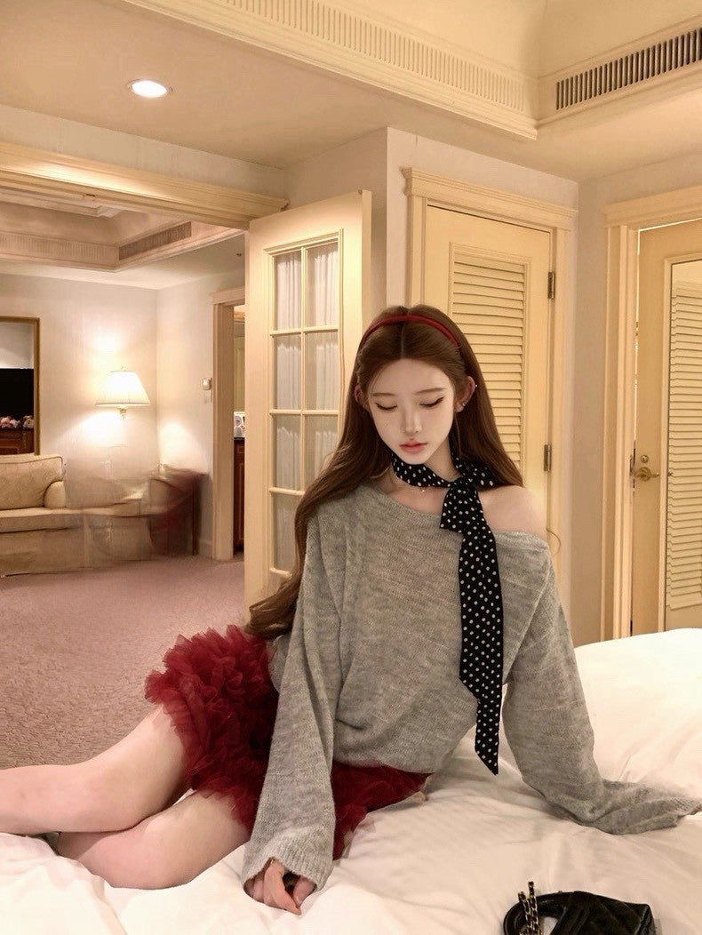 Tue. 糯糯雪餅 柔軟海馬絨暗紋寬鬆毛衣2色/喜氣網紗蛋糕裙