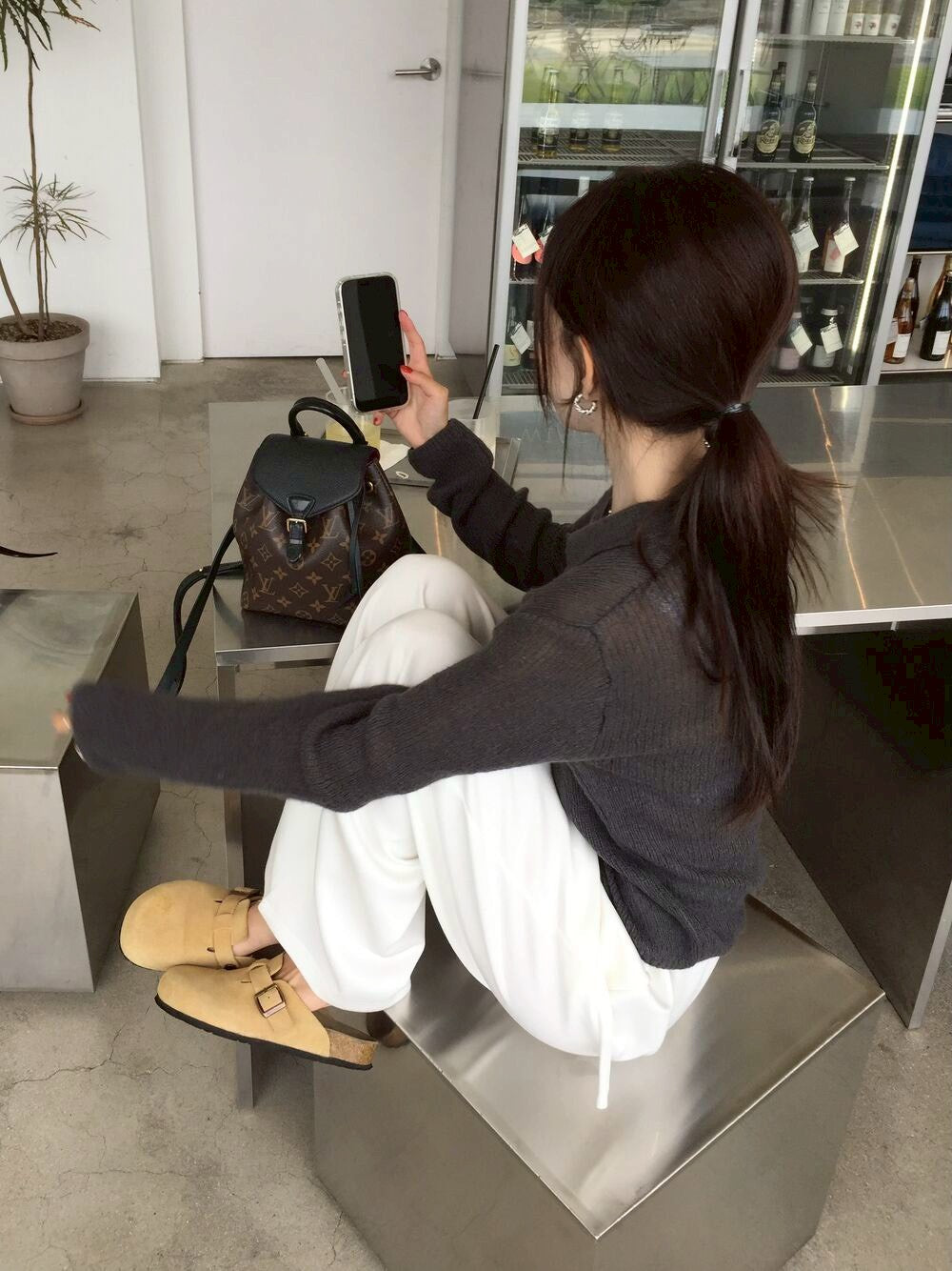 Mon. 韓女慵懶感特殊機法微透視針織襯衫 湖藍/灰