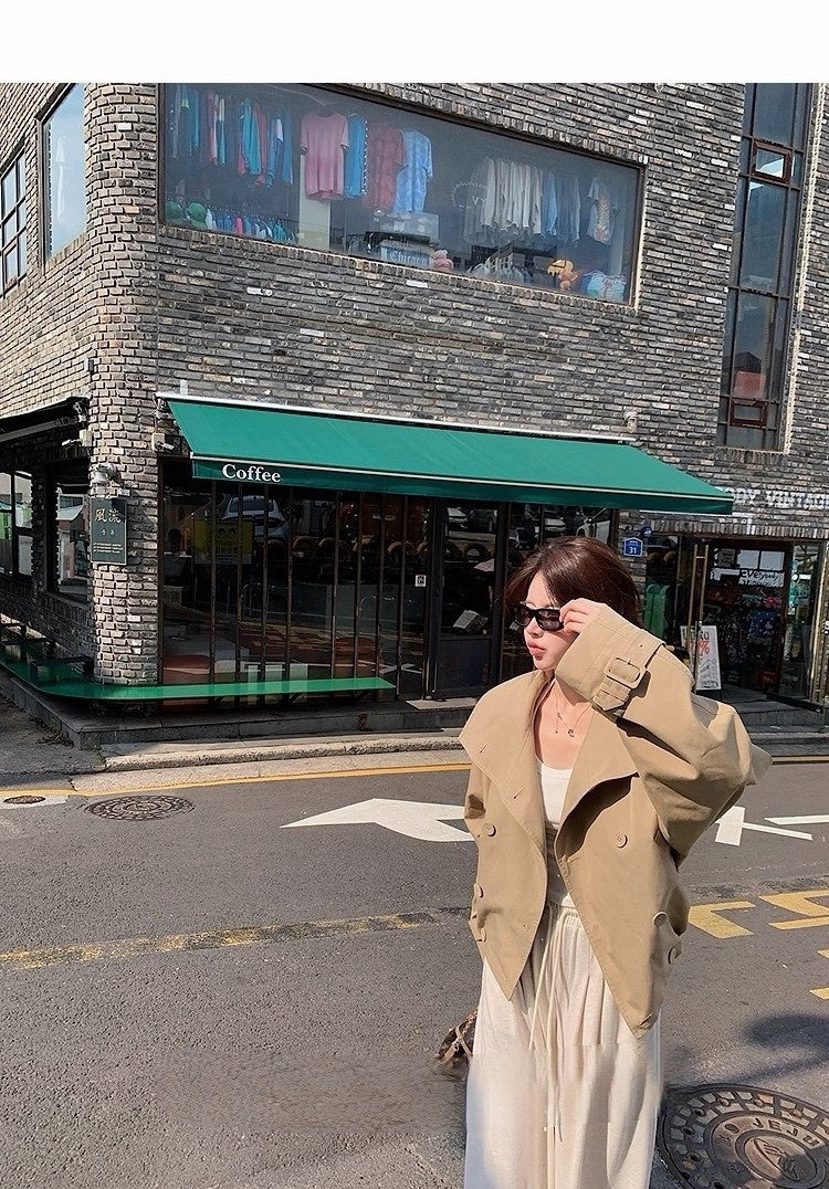 Tue. 英倫萊賽韓系翻領雙排扣風衣 卡其