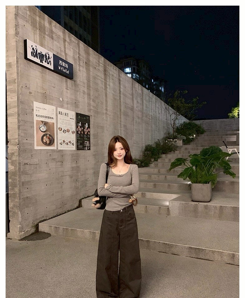 Mon. 軟呼蝴蝶結U領磨毛打底上衣 白/灰