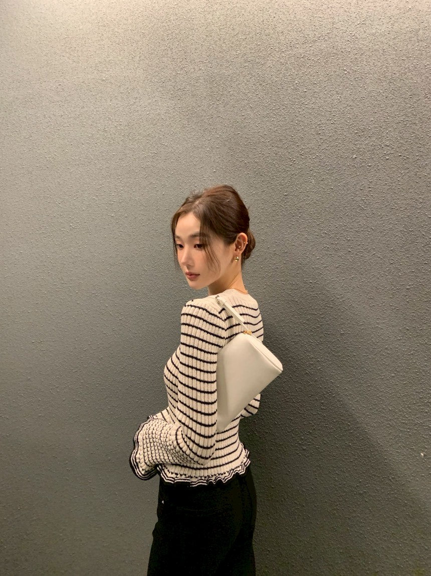 Thu. 休閒私服 拿鐵可可條紋V領針織開衫 白底