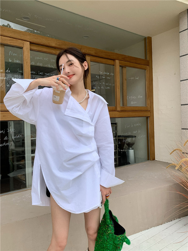 Mon. 不對稱皺摺鈕扣寬鬆襯衫 白