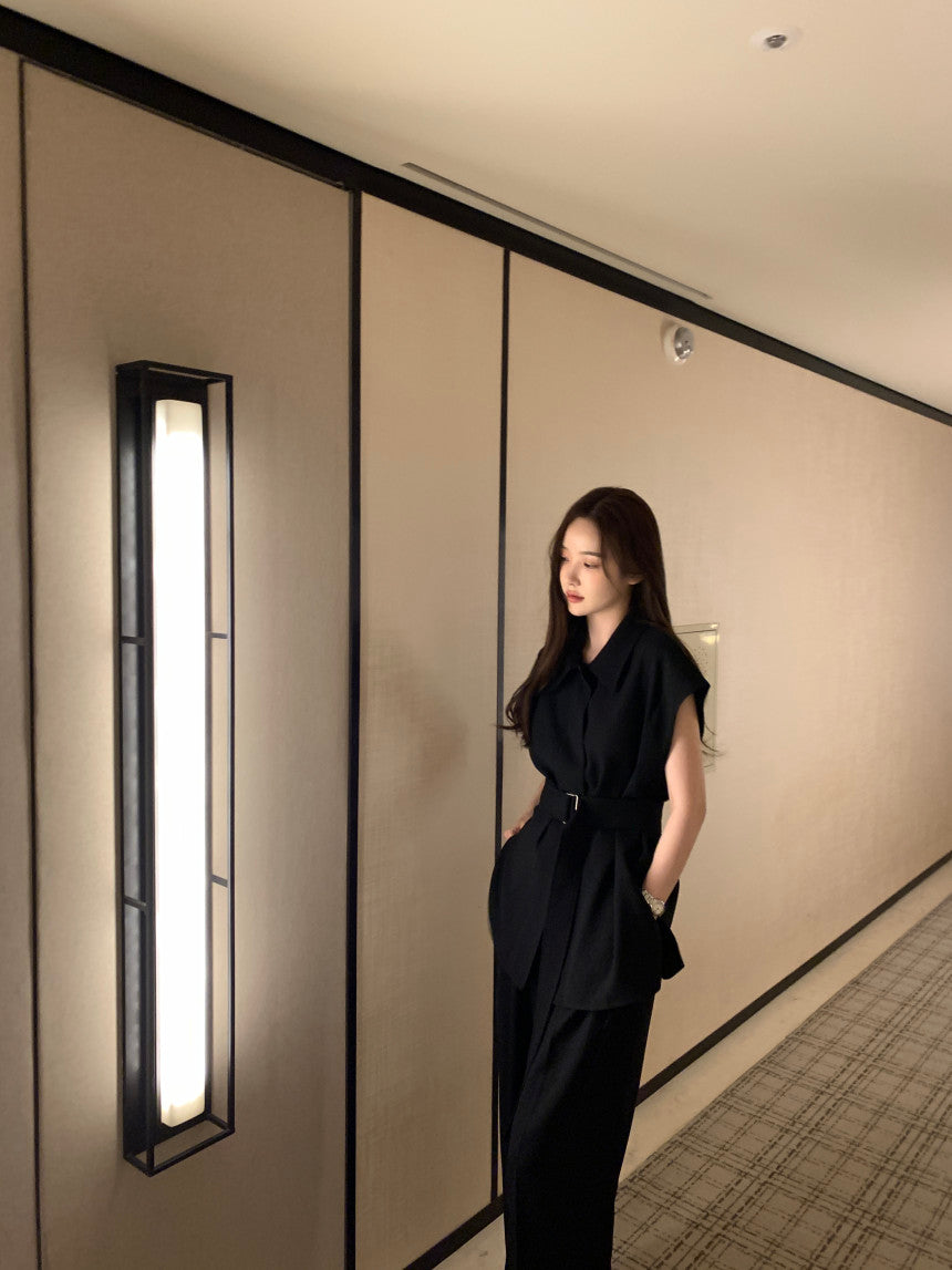 Tue. 韓系女主氣質翻領長款襯衫闊腿褲套裝 黑/白