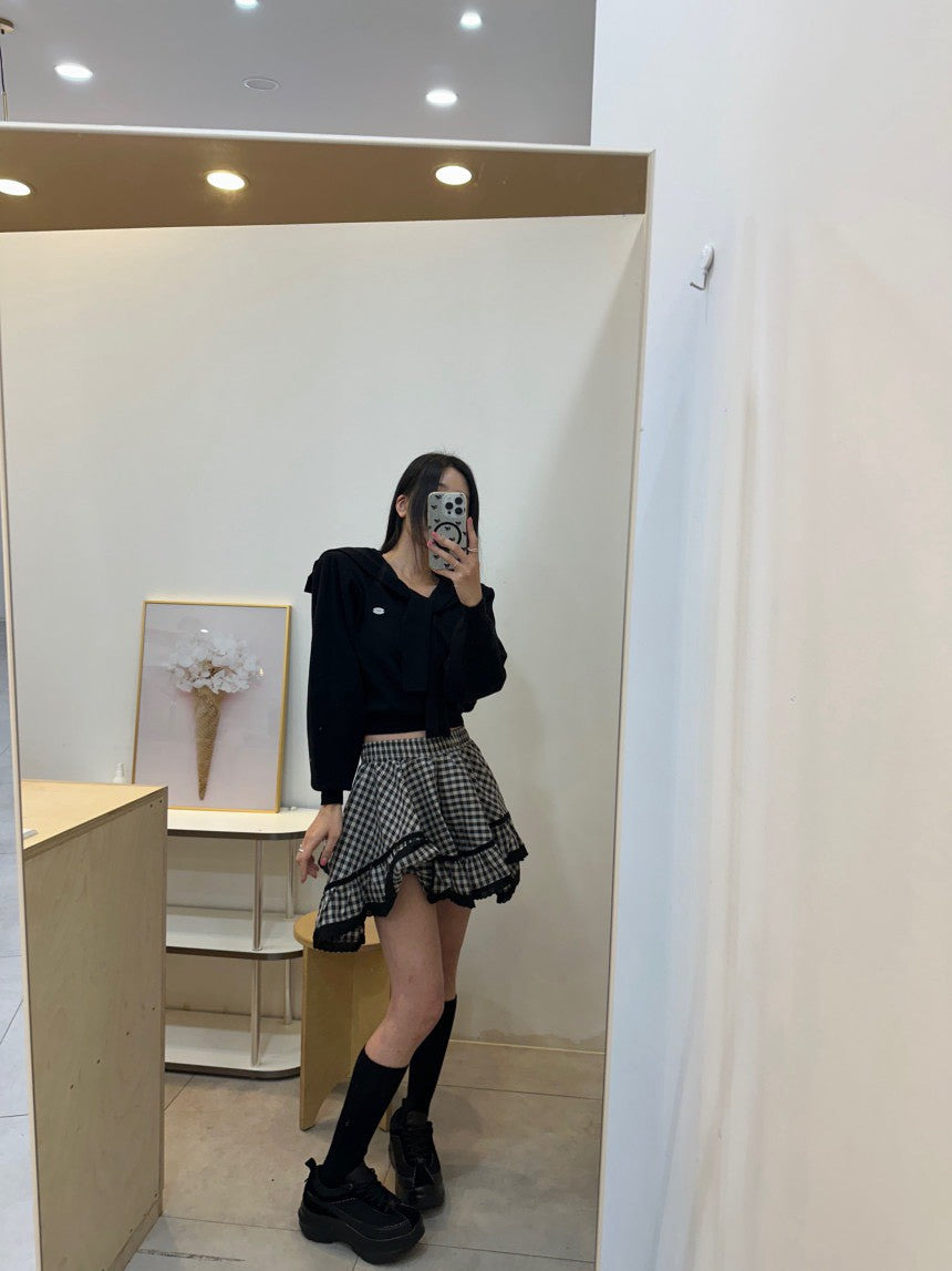 Mon. 減齡海軍領飄帶短款長袖上衣 米/藍/灰/黑