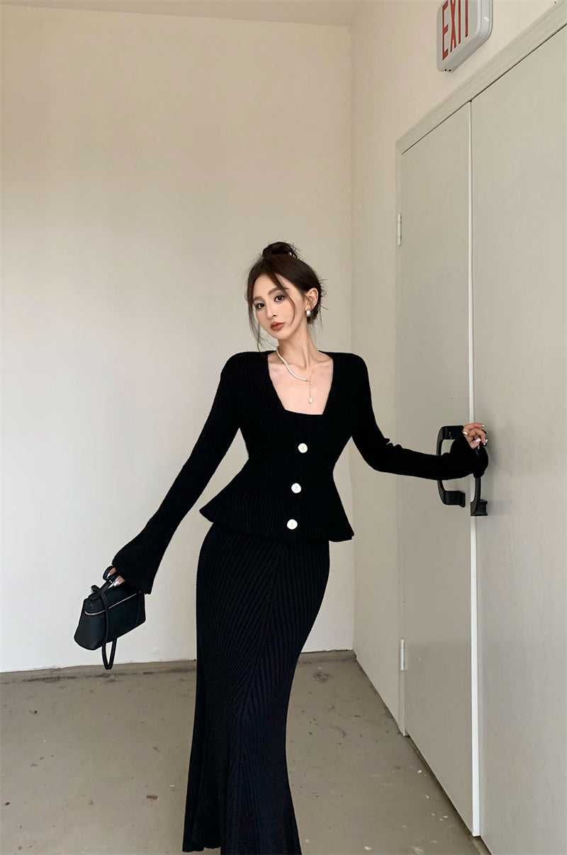 Wed. 優雅法式收腰針織開衫 方領連身裙 黑