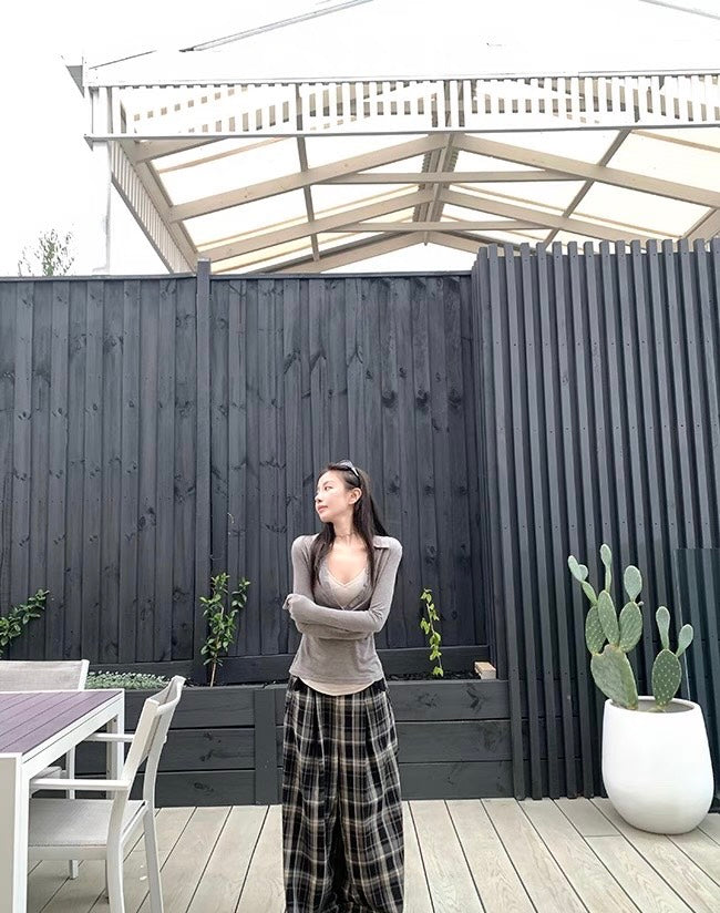 Mon. 輕鬆滿格不費力假兩件撞色V領長袖上衣 粉/灰