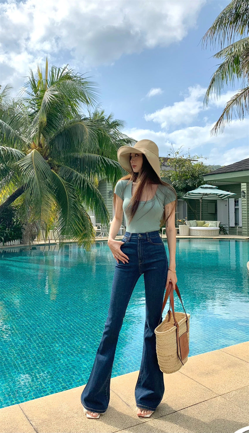 Mon. 復古顯瘦高腰喇叭褲 深藍