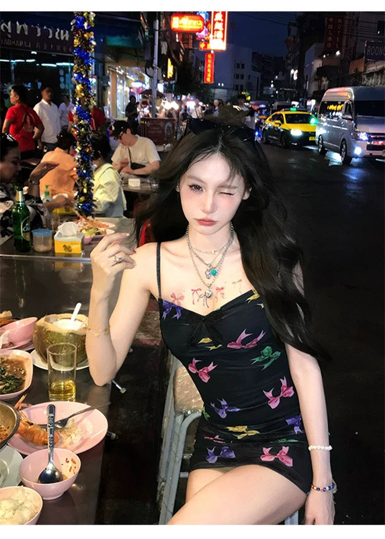 Mon. 蝴蝶逸逃Y2K風格彩繪細肩吊帶裙 黑