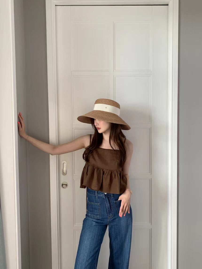 Wed. 後背綁帶美胸短版背心 白/咖