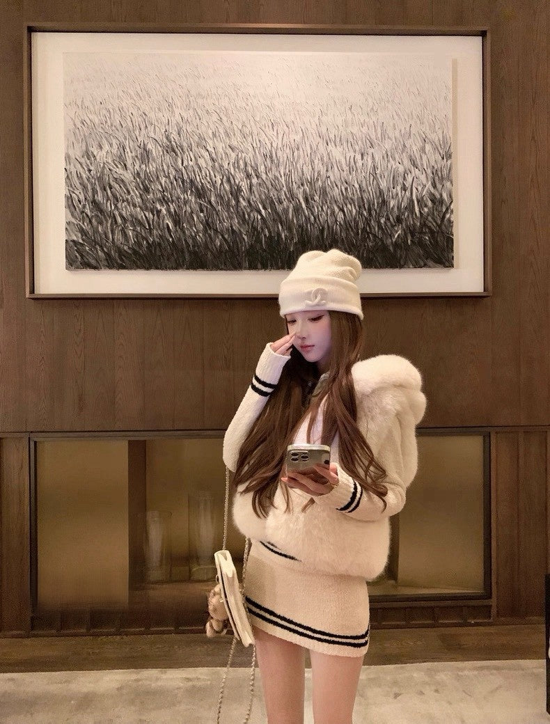 Tue. 小香滑雪系列 高允真同款立領雪道針織套裝 (撞色米白)