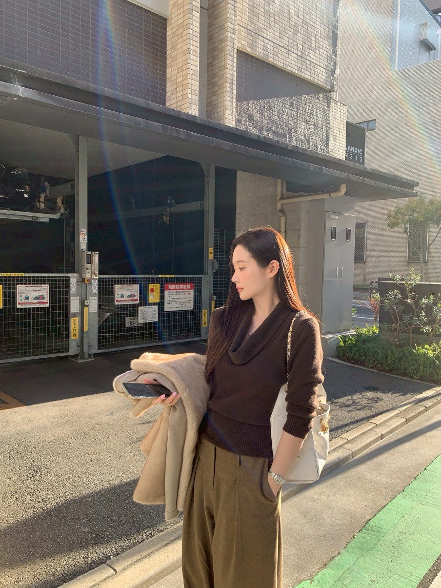 Mon. TH高蘯領修身針織上衣 灰/黑/咖