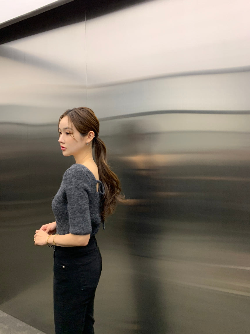 Wed. 方領修身後綁帶5分袖針織上衣 灰