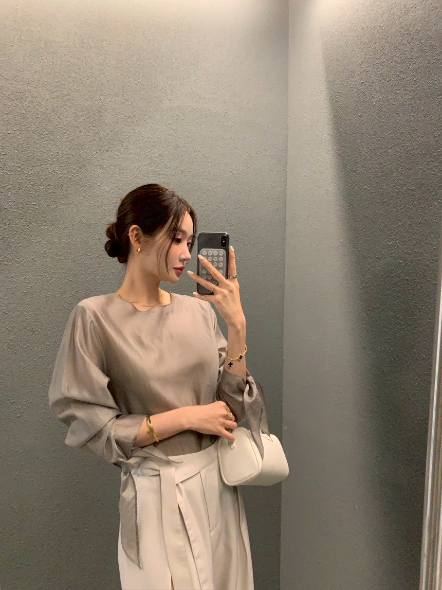 Thu. 春夏chic韓系簡約蝴蝶結綁袖上衣 灰色/黑色