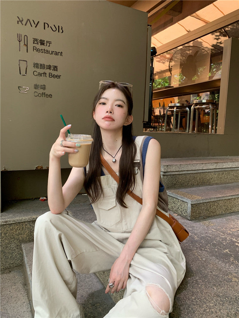 Sat. 大口袋工裝卡其吊帶褲