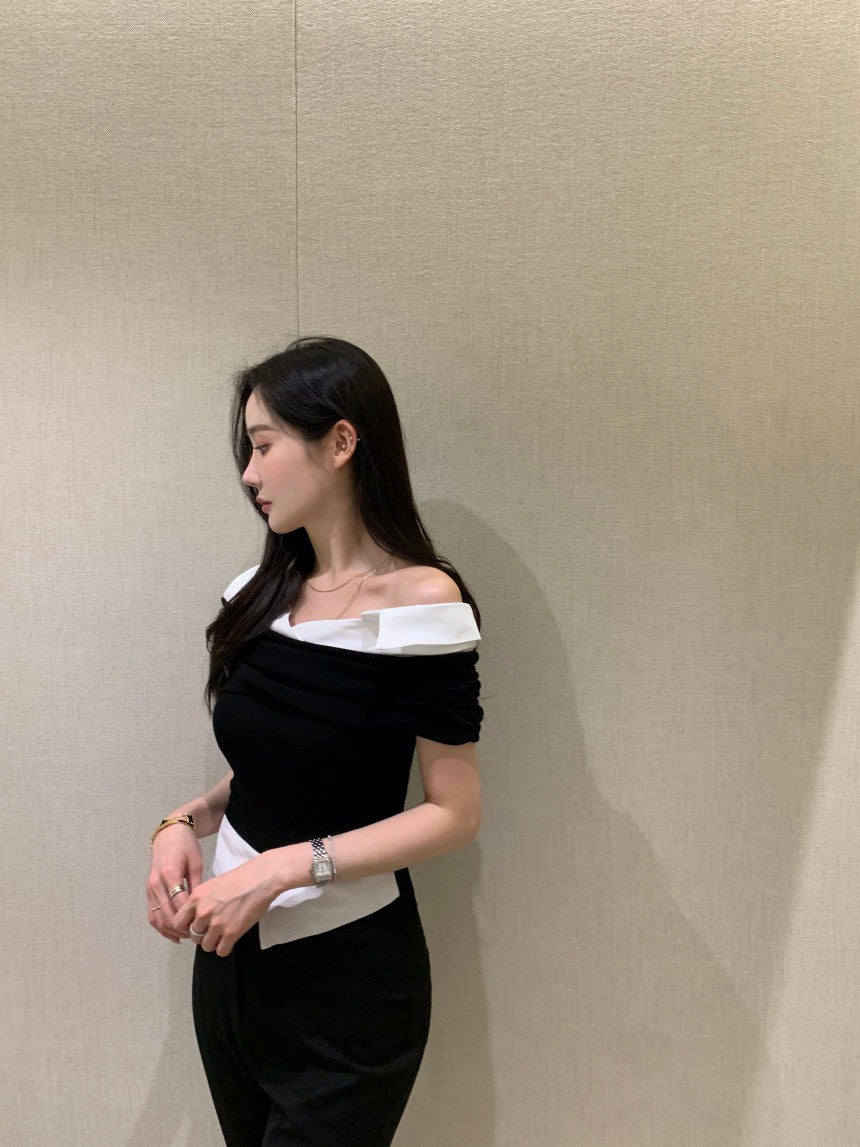 Tue. Elle庫尼假兩件式襯衫上衣 黑