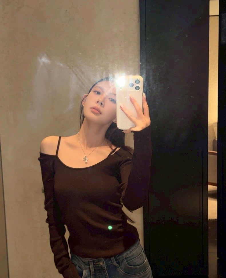 Mon. 新款修身顯瘦假兩件針織打底上衣4色 白/咖