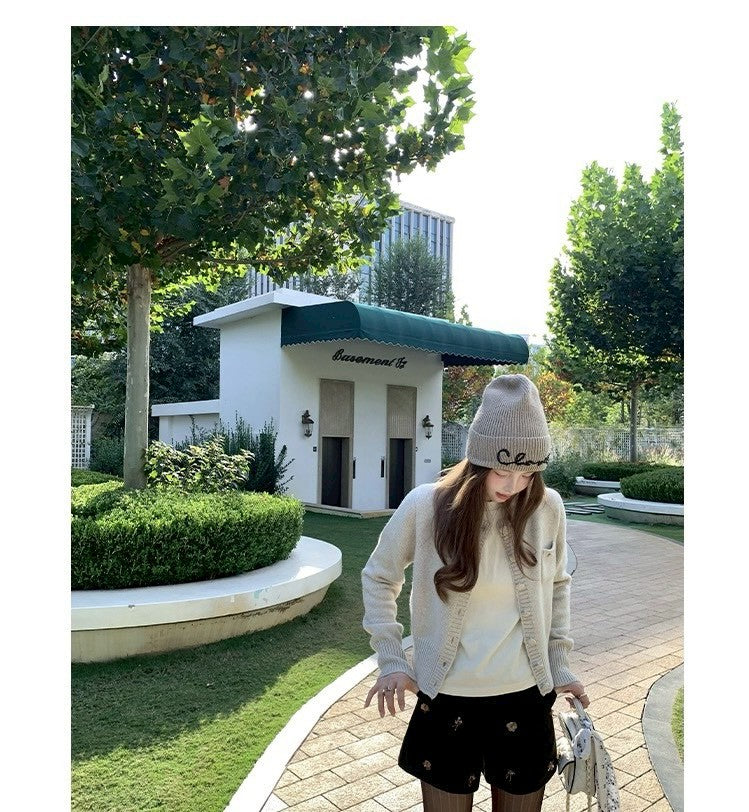 Thu. 海灣花園 混紡羊毛百搭針織開衫 紫/灰米