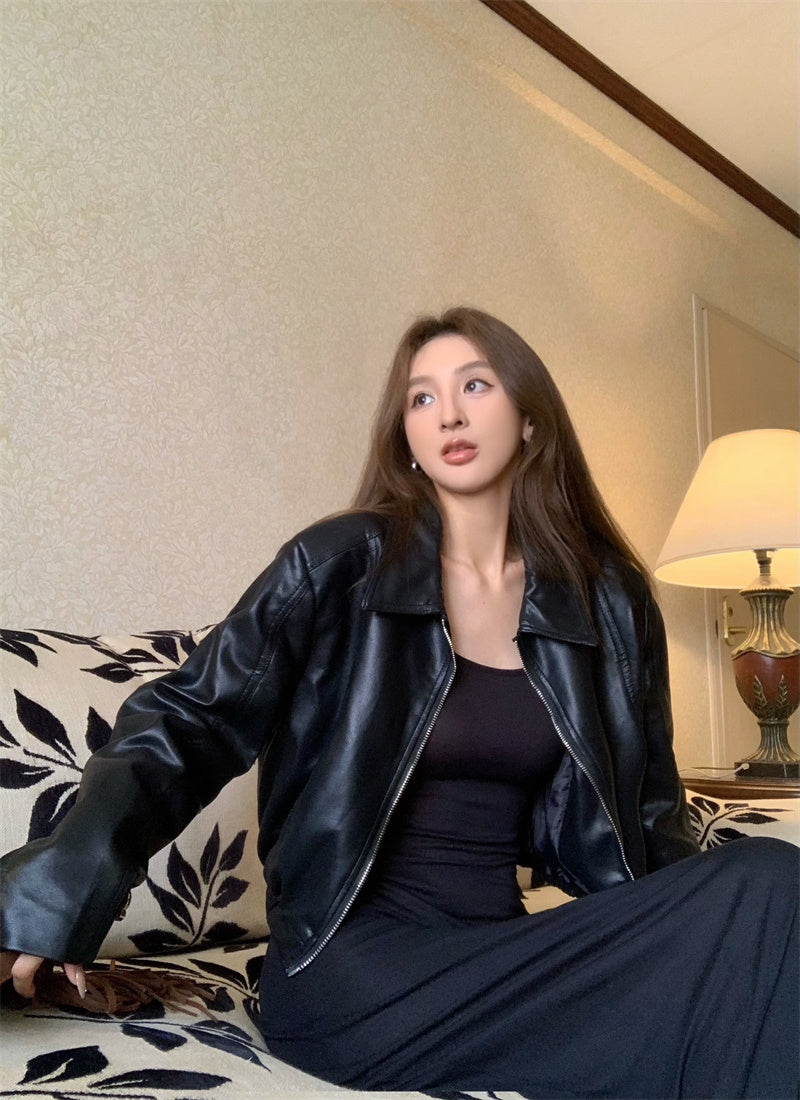 Mon. 細肩透視感連身長裙/短版皮外套 2色