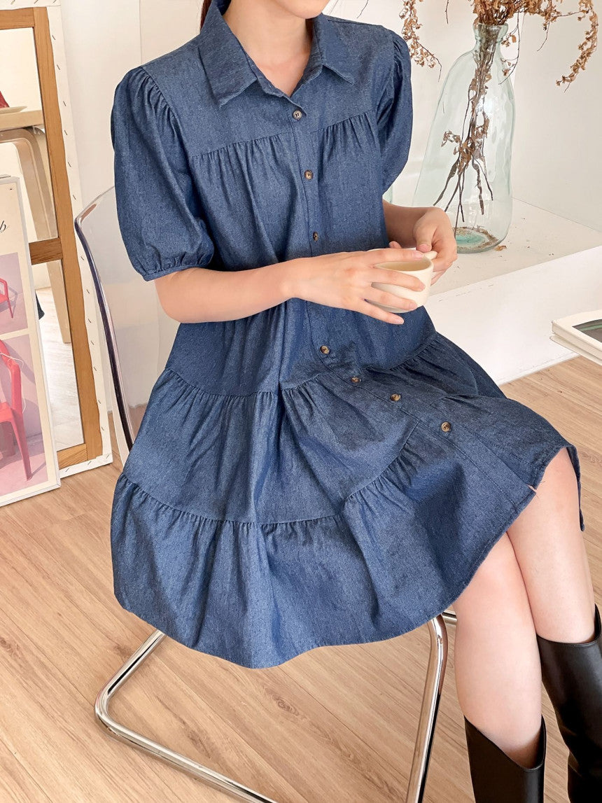 Sun. 襯衫領抓皺牛仔裙