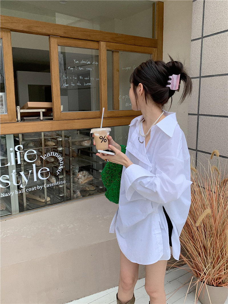 Mon. 不對稱皺摺鈕扣寬鬆襯衫 白