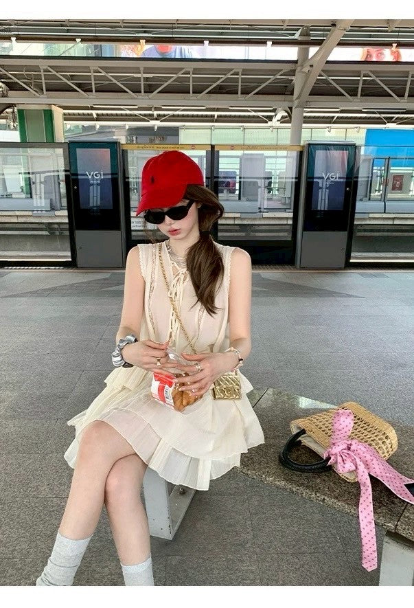 Mon. 夏日浪漫感自帶氣質柔光壓褶背心半身裙套裝 杏色