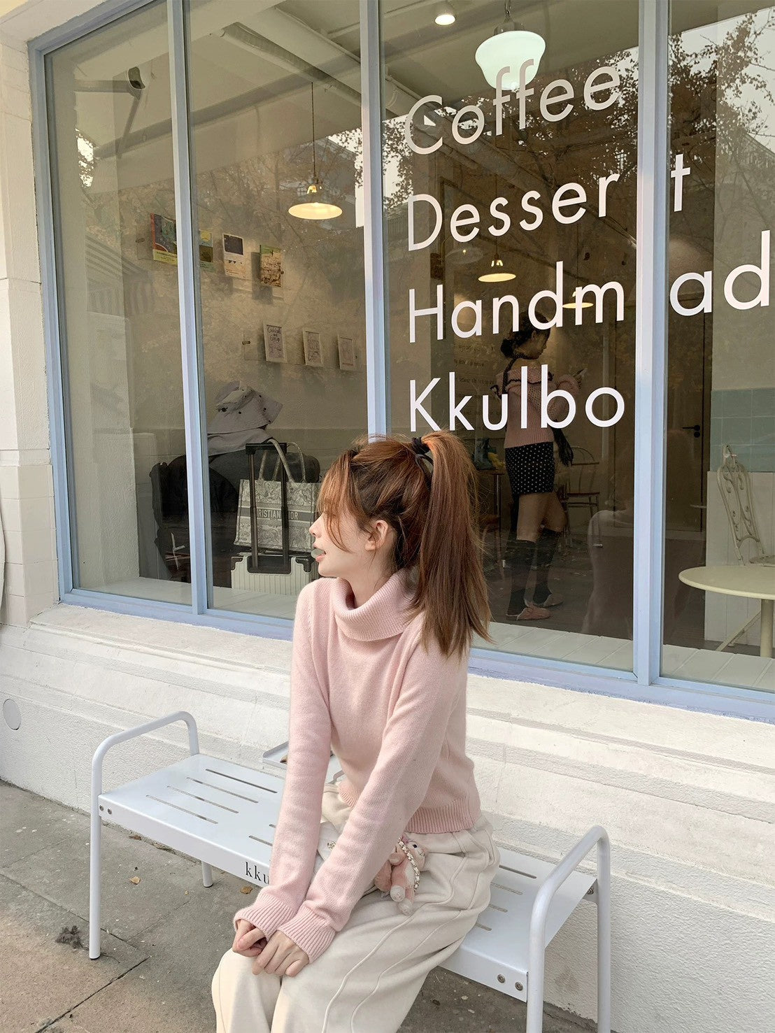 Mon. 軟糯糯浣熊絨羊毛高領百搭上衣 米白/粉