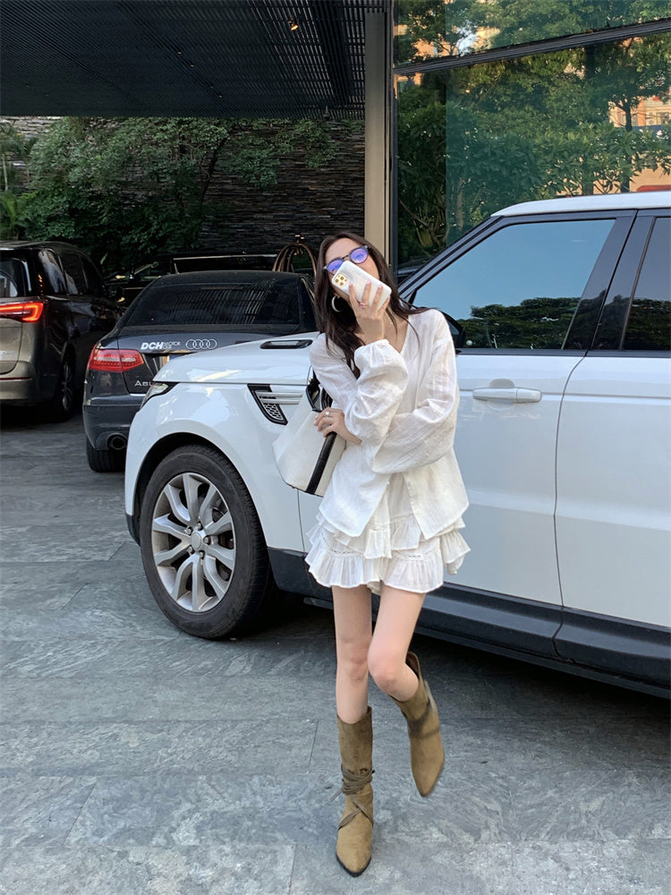 Sun. 溫柔肌理紋理襯衫半身裙套裝 白