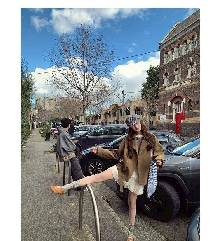 Thu. 博西雅重工時髦休閒皮衣夾克 卡其