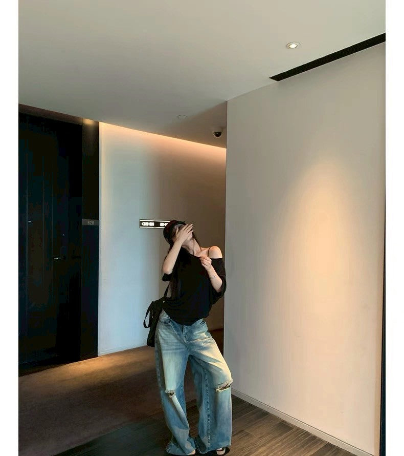 Mon. 復古壓褶做舊刷破美系牛仔褲