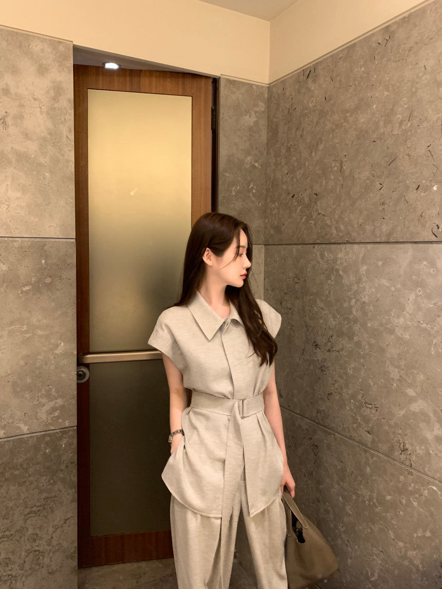 Tue. 韓系女主氣質翻領長款襯衫闊腿褲套裝 卡其