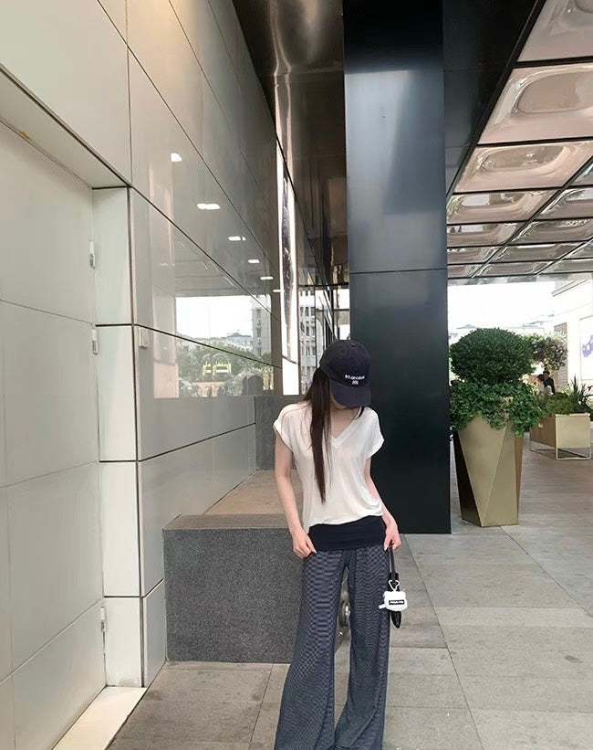 Mon. 隨心搭休閒褲系列 顯瘦翻邊垂垂休閒褲 條紋