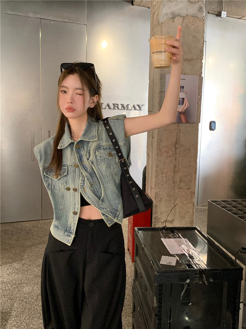 Thu. 不對稱單扣繞繩無袖牛仔外套