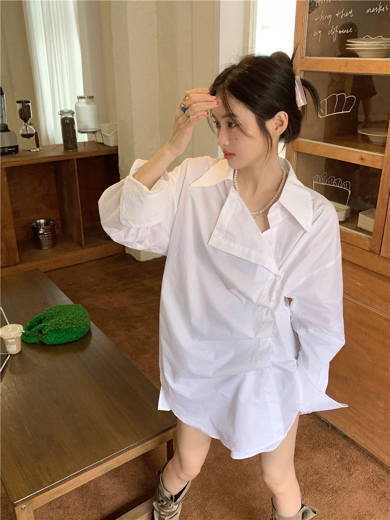 Mon. 不對稱皺摺鈕扣寬鬆襯衫 白