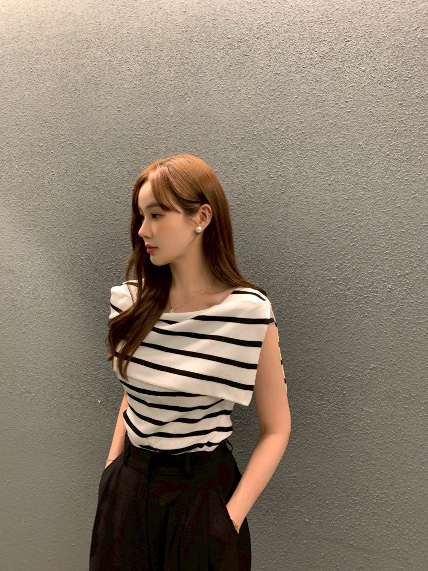 Thu. 韓chic 特殊雙翻領春夏短上衣 淺卡其/條紋