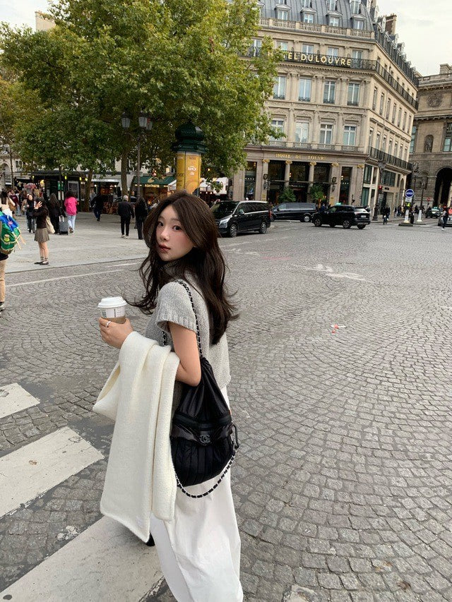 Tue. 韓女氣質高領短袖毛衣 米白/灰色