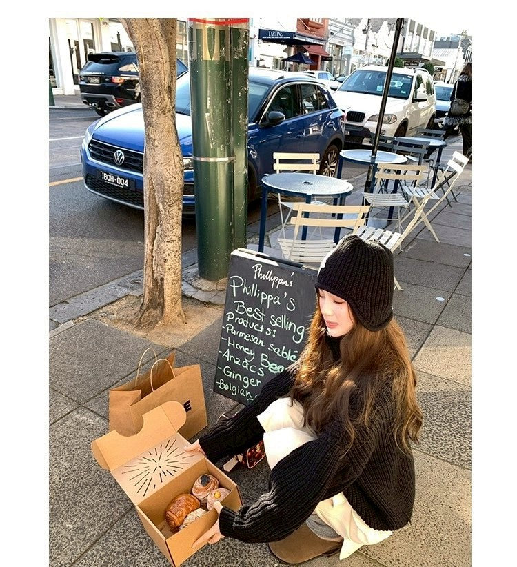 Thu. 濟州橙酒 厚麻花鈕扣高領針織上衣 黑