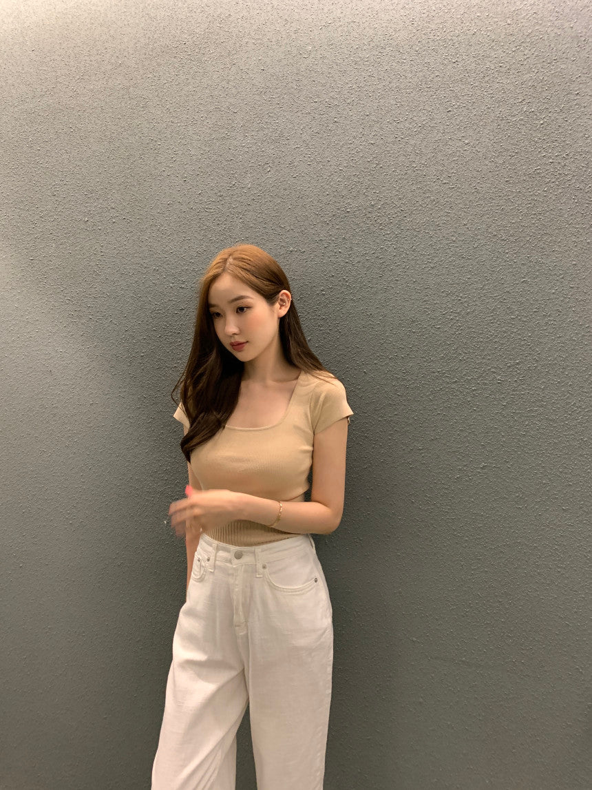 Thu. 方領針織短袖上衣 5色 杏