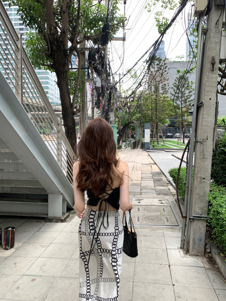 Sun. 後背綁帶平口上衣 老錢幾何半身魚尾裙