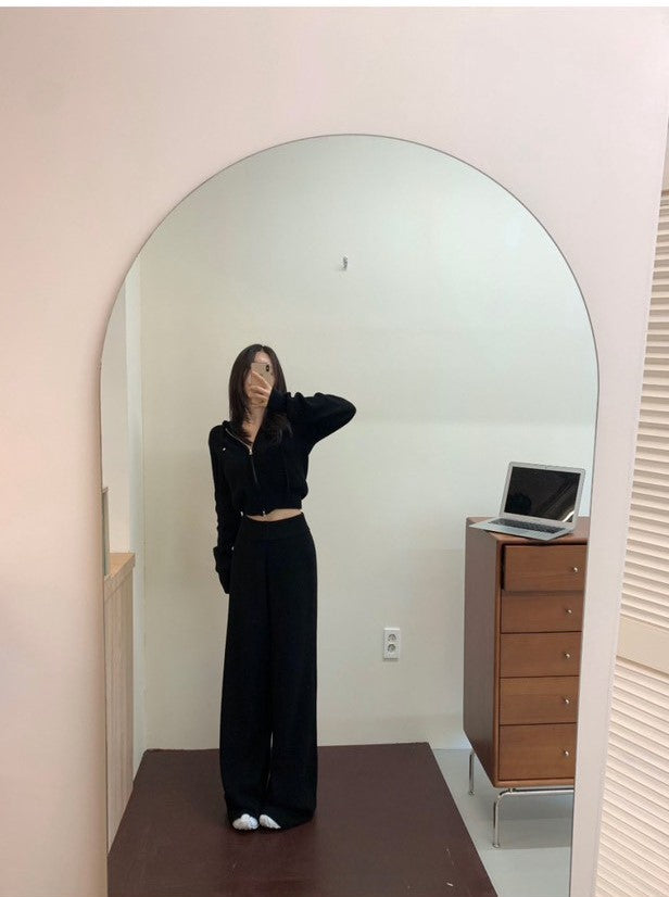 Mon. 運動休閒雙拉鏈連帽針織休閒褲套裝 黑