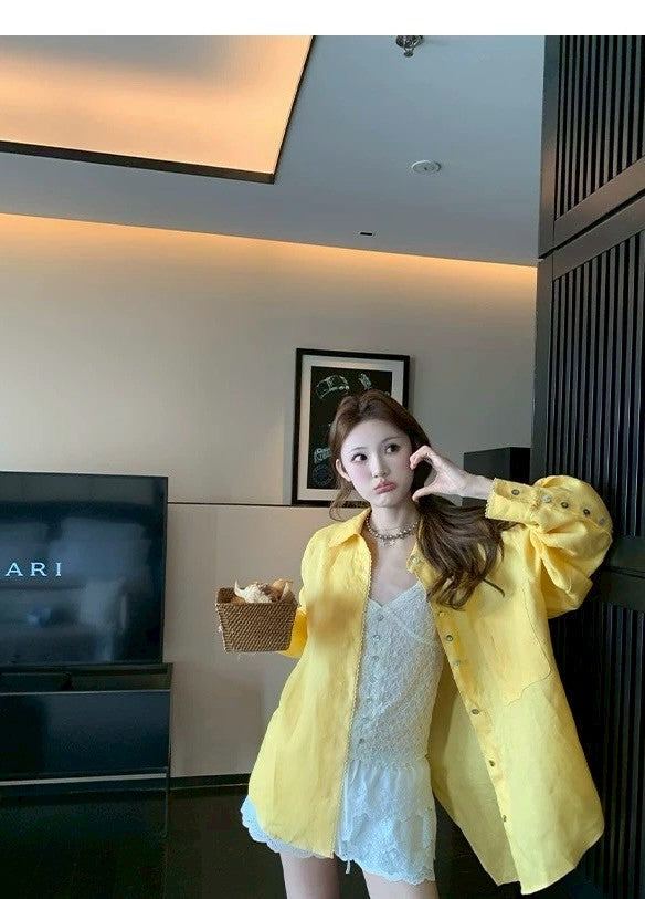 Mon. 慵懶巨舒適休閒百搭鈕扣襯衫 檸檬黃