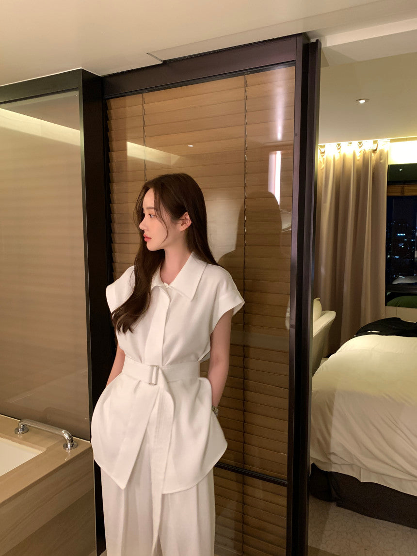 Tue. 韓系女主氣質翻領長款襯衫闊腿褲套裝 黑/白