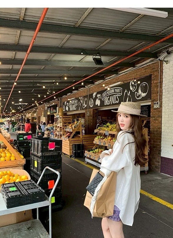 Mon. 慵懶巨舒適休閒百搭鈕扣襯衫 白色/南瓜橘